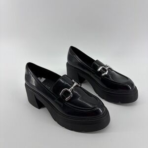 Madden Girl Women 7 Black Loafers G-Lush B Lug Sole Horsebit Platform Block Heel